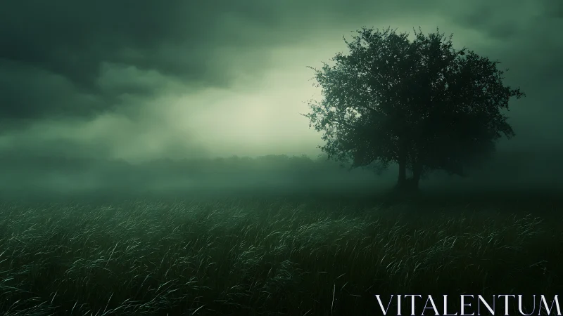 Lone midnight tree stands watch over a restless green field