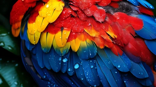 Vivid Close-Up of Macaw Feathers with Water Droplets, Nature Style.