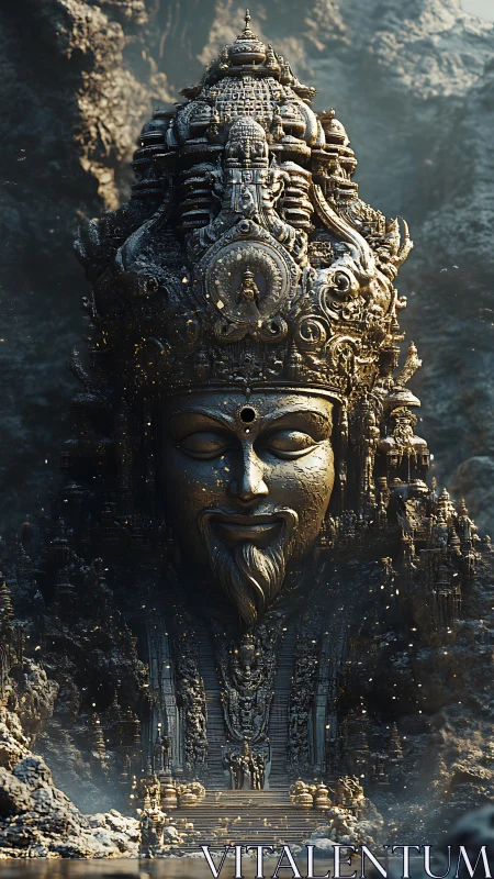 Colossal stone deity facade in misty cavern sanctuary.