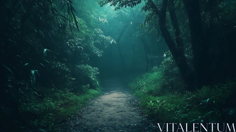 Dense forest path with filtered sunlight creating atmospheric depth