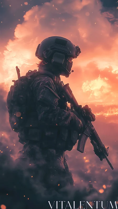 Armored soldier stands watch amid burning sunset clouds