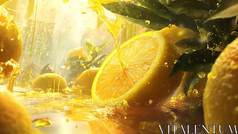 Lemon halves and juice streams interact under strong backlight