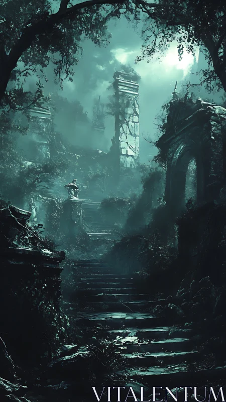 Moonlit jungle ruins overgrown around crumbling stairway.