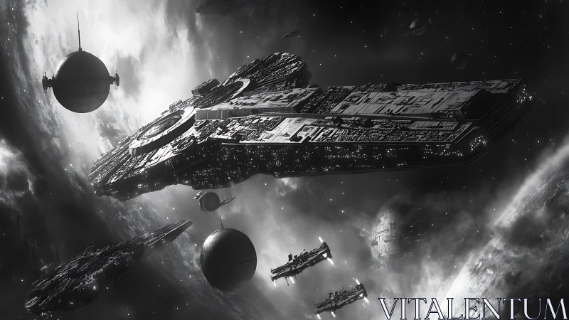 Massive star cruiser glides through a storm of silent worlds