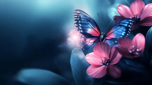 Glowing blue butterfly over luminous pink blossoms.