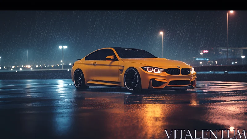 Yellow sports coupe parked on wet asphalt at night.