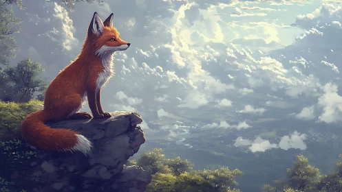 Red fox on cliff ledge overlooking distant valley scene.