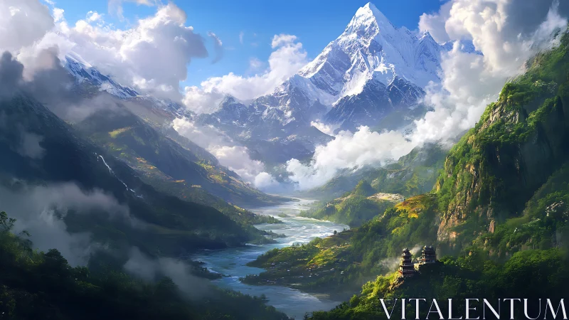 Sky-drowned valley and whispering river beneath white giants.