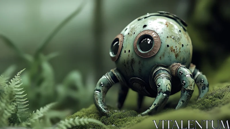 Rusty spherical spider robot resting in mossy forest.