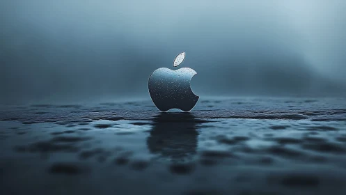 Chrome apple logo rises from misty wet surface. Period.