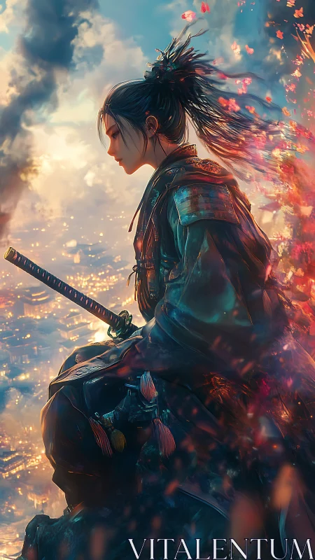 Lone samurai contemplates a burning city at sunset.