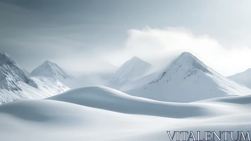 Minimalist snow dunes before misty mountain peaks.
