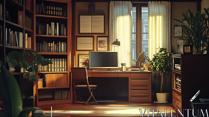 Warm wooden home office with daylight-balanced monitor workspace