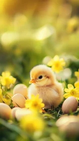 Backlit chick in shallow depth of field among eggs and yellow flowers