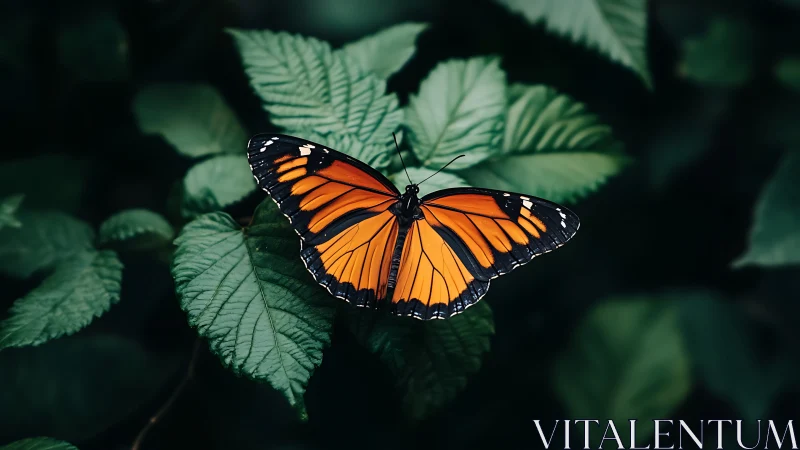 Orange and black butterfly resting on deep green foliage.