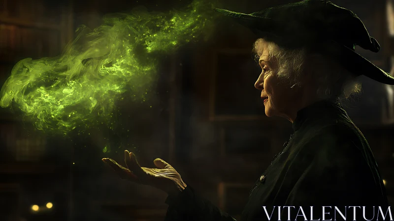 Elderwitch conjures emerald smoke in a hushed arcane library.