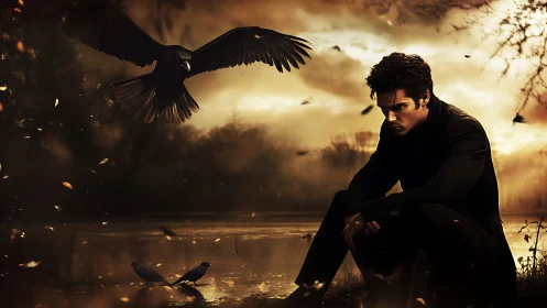 Brooding young man meets dark ravens by a haunted sunset lake