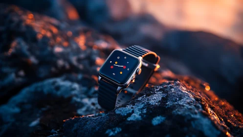 Smartwatch with black band resting on rugged sunlit rocks.