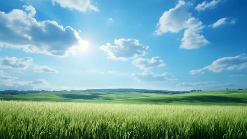 Sunlit waves of green rolling under a wide open summer sky.