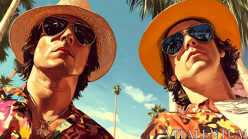 Two men in tropical shirts and hats under palm trees