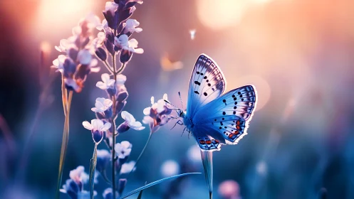 Blue butterfly resting on wildflower at glowing sunset.
