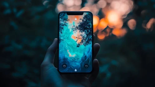 Smartphone screen mirrors vivid teal nebula at dusk.