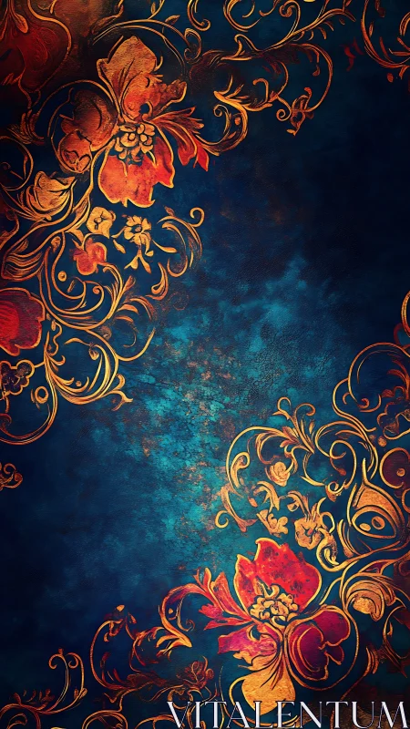 Baroque floral scrollwork over rich distressed teal field.