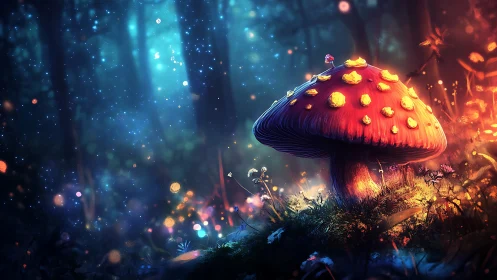 Enchanted red mushroom glows in a dreamy, bioluminescent forest.