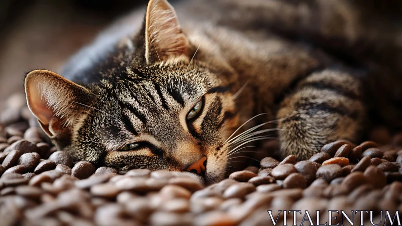Tabby Feline Resting on Granular Substrate with Closed Eyes.