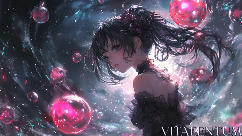 Starlit sorceress adrift among crimson dream spheres.