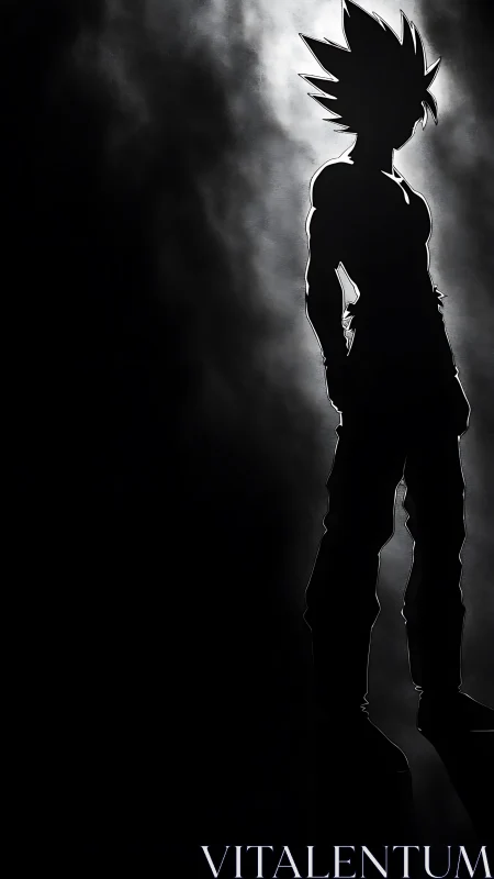 Silhouetted anime warrior outlined against smoky backlight.
