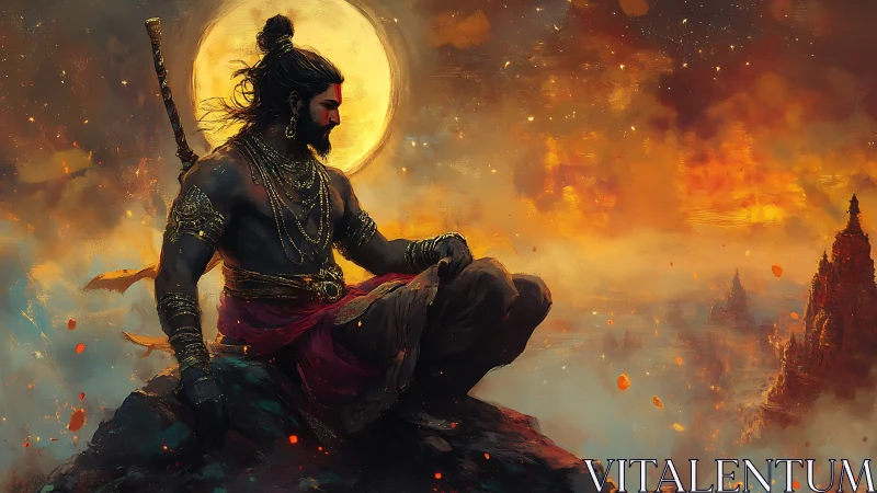 Warrior sage watches burning valley under colossal moon.