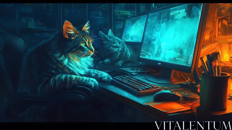 Cyberpunk Workspace: Digital Guardian Cats Monitor Neural Interface Data