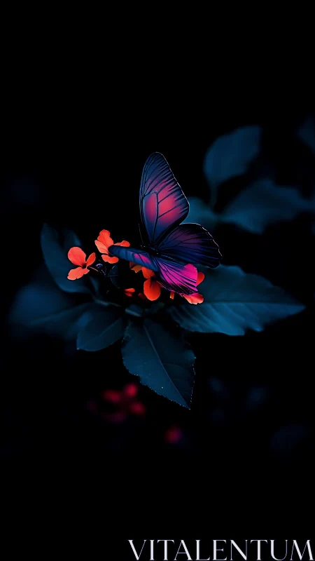 Neon butterfly poised on glowing crimson blossoms at night.