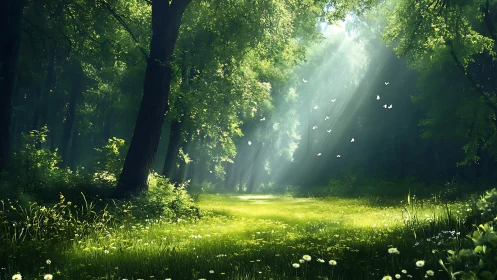 Sunlit forest clearing with butterflies, serene nature landscape.