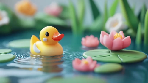 Cheerful rubber duck drifting among soft lotus blooms.