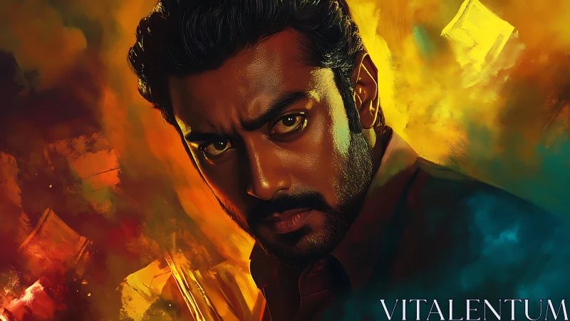 Intense male portrait set against abstract fiery chromatic field