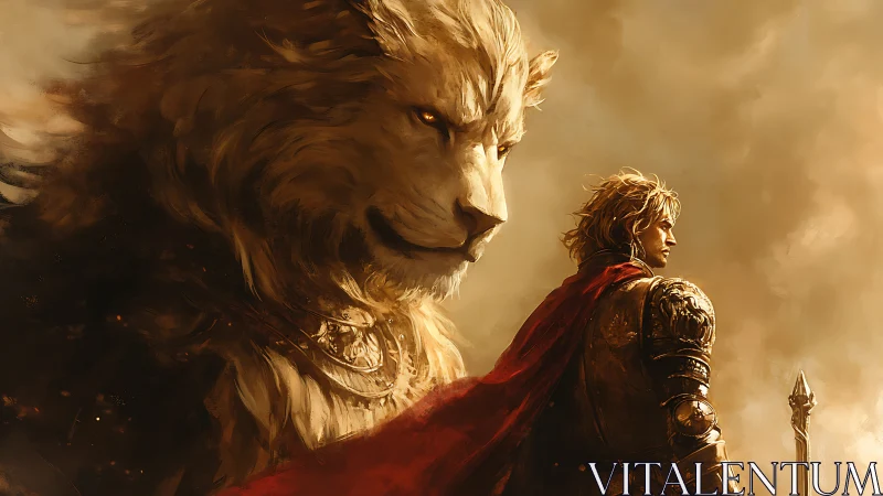 Noble lion guardian watches over a golden armored warrior