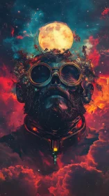 Luminous lunar-engineered cosmonaut head in nebular combustion.