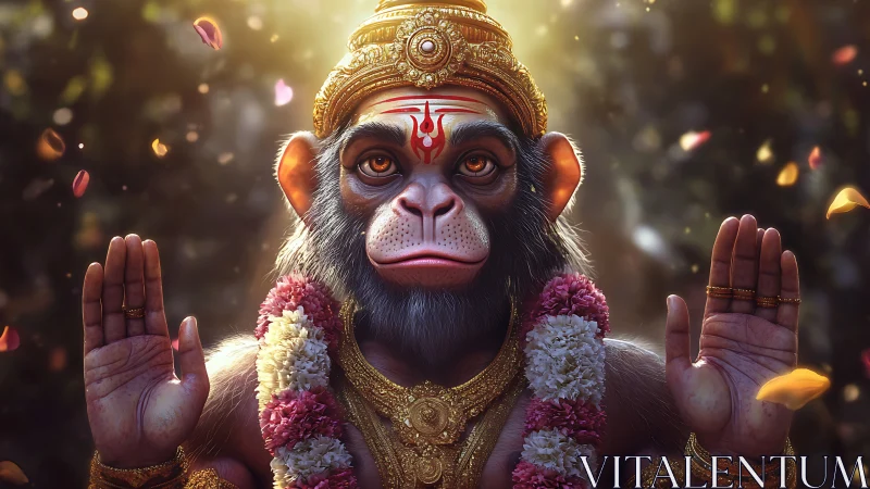 Divine monkey deity offers serene blessing in golden light