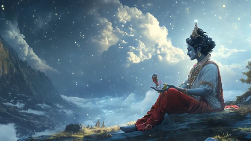 Divine figure in mountainous twilight rendered as digital painting