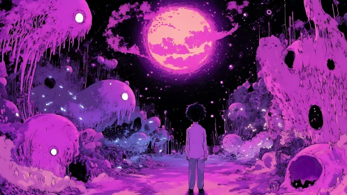 Solitary figure under large magenta moon in alien landscape.