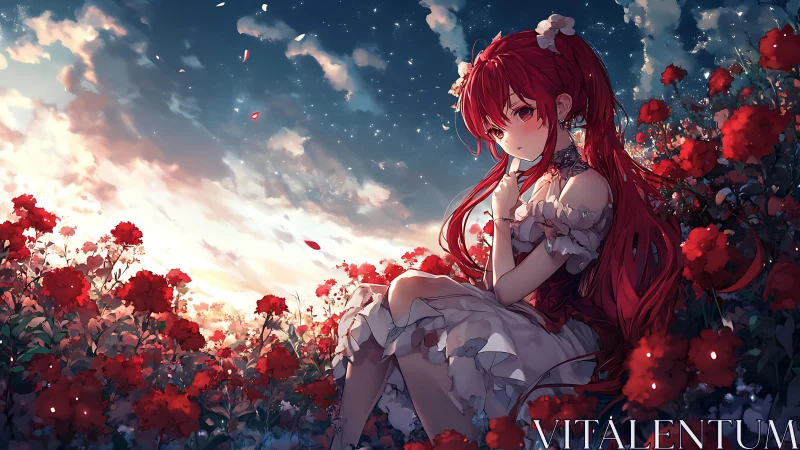 Red haired girl sits among dense red flowers at dusk