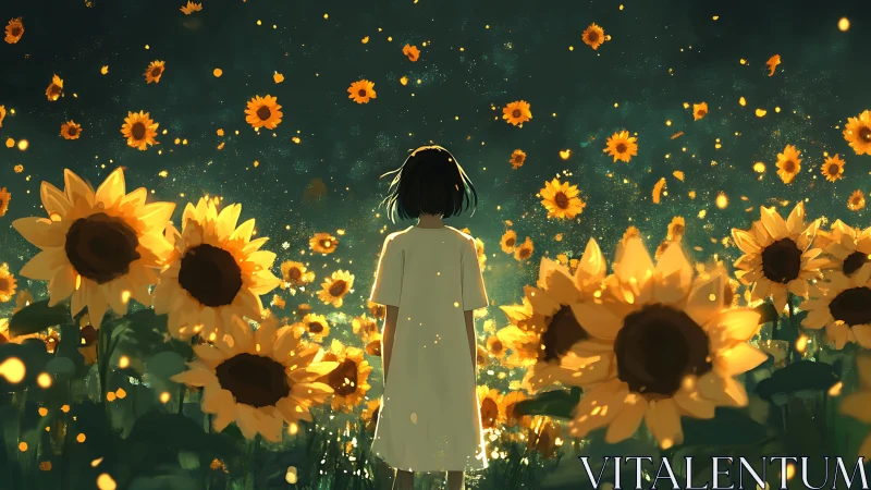 Girl in a glowing sunflower storm of quiet summer magic.
