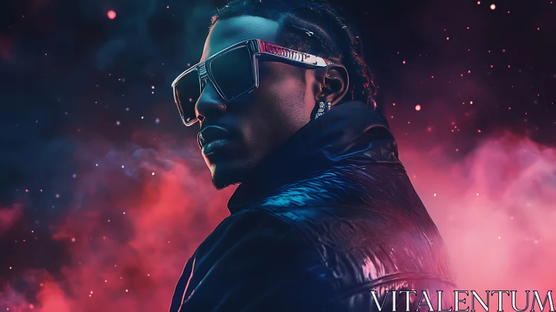 Neon backlit portrait with reflective jacket and angular visor glasses