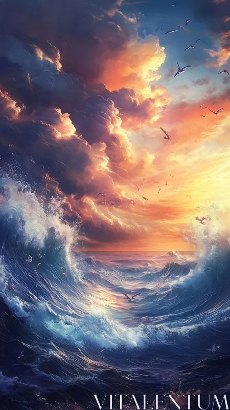 Turbulent ocean waves beneath dense sunset cloud bank.