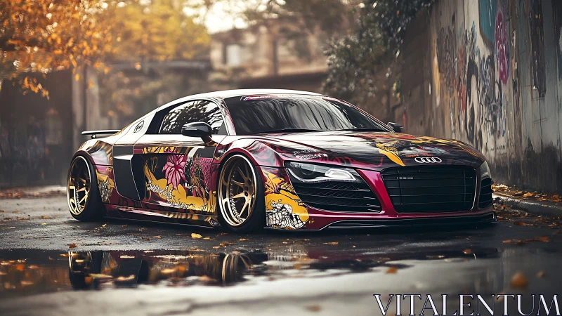 Modified Audi R8 with graphic wrap in urban autumn street.