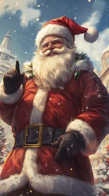 Snowlit Santa portrait in vibrant festive cityscape painting.