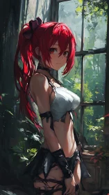 Anime red-haired girl in overgrown greenhouse, painterly lighting.