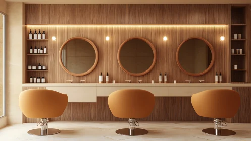 Warm-toned salon workstation showcases symmetrical lighting and seating